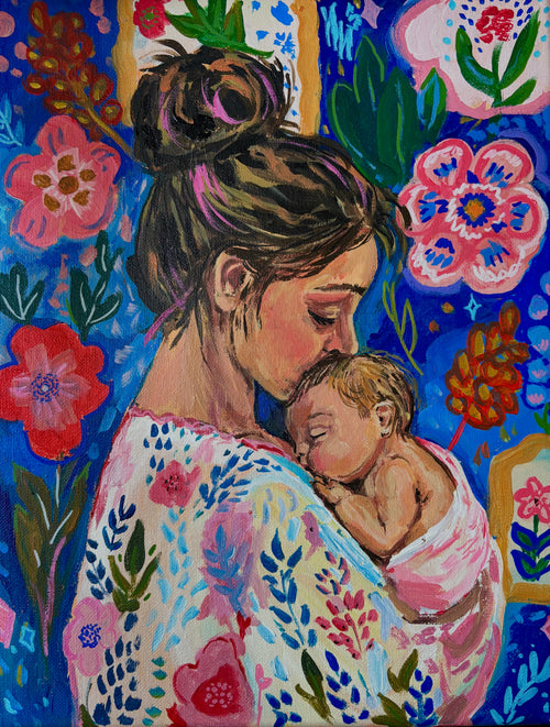 Original painting of a mother cradling her newborn surrounded by vibrant folk-art florals on a cobalt blue background