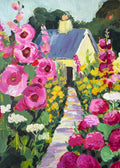 Original oil painting of a cottage garden path lined with pink hollyhocks and roses leading to a yellow cottage