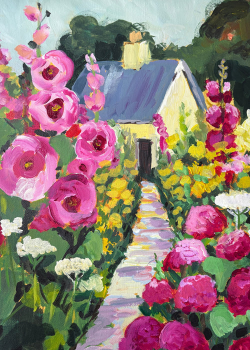 Original oil painting of a cottage garden path lined with pink hollyhocks and roses leading to a yellow cottage